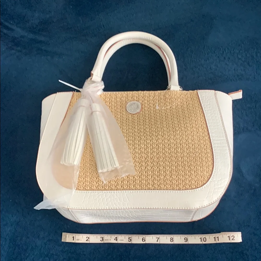 Anne Klein White and Tan Satchel with Chic Tassel with shoulder strap.